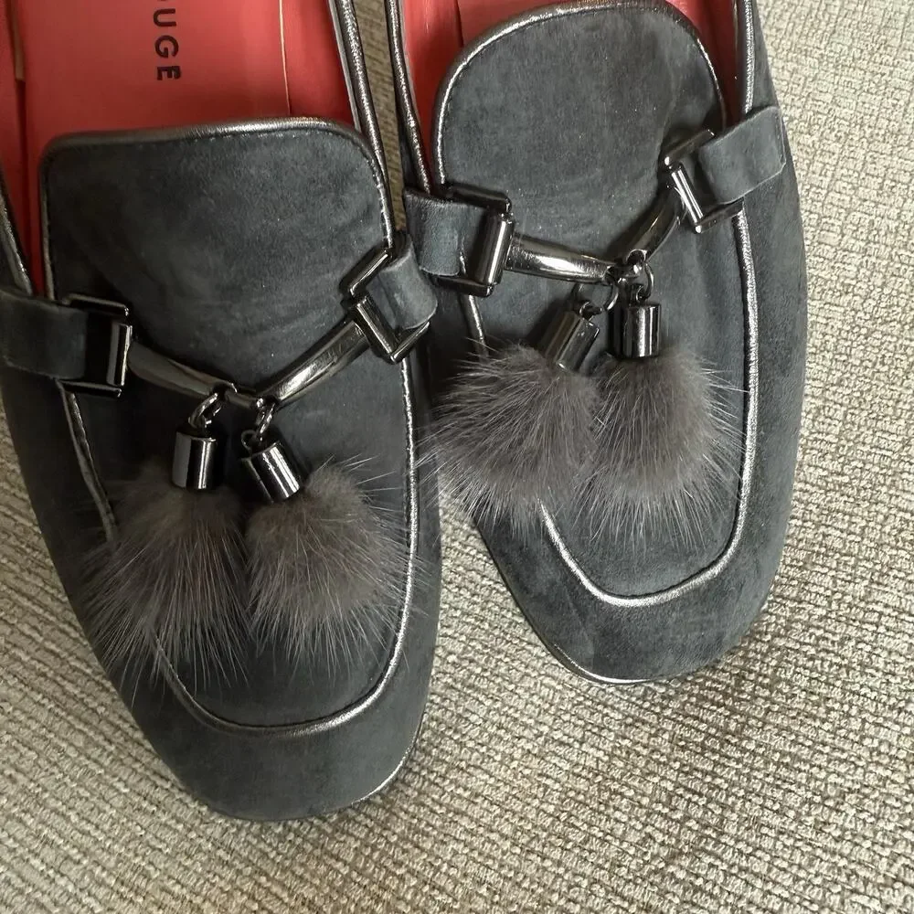 PAS DE ROUGE Lola Black Suede Dressy Loafer‎ Women's 39 US 8.5 Rabbit Fur Tassel